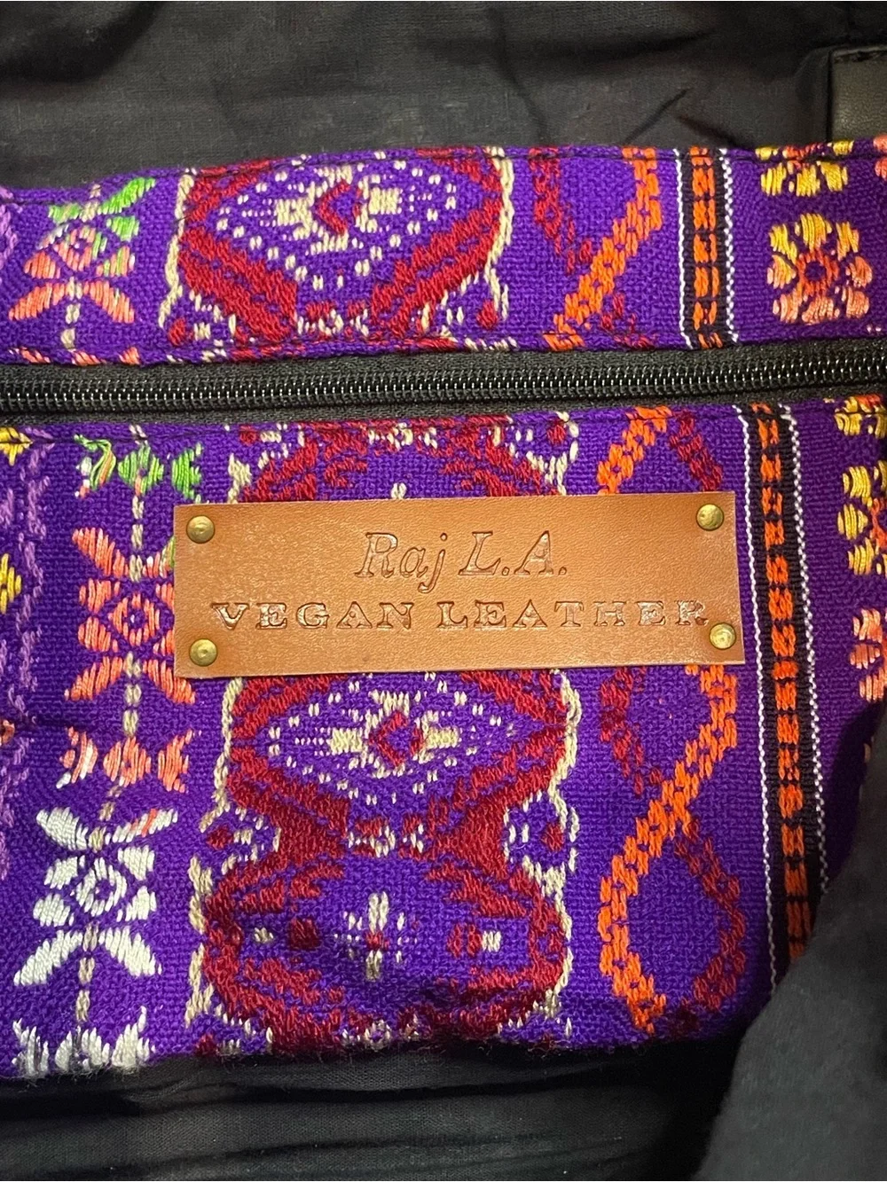 Raj LA Purple Embroidered Boho Tote with Black Vegan Leather Handles